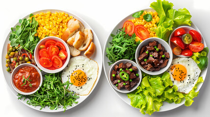 set of plates of food isolated on a white background, top view