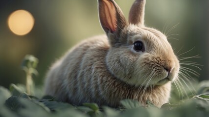 Fototapeta premium relaxed lop eared rabbit in a calming sage green solid color background.
