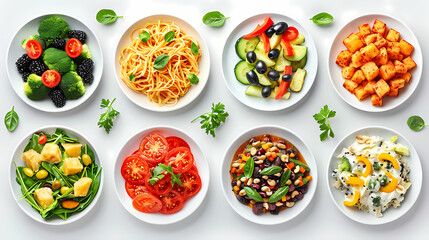 set of plates of food isolated on a white background, top view