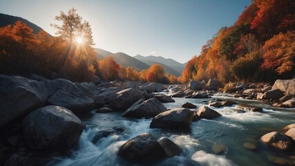 Obraz premium Rocky River Flowing Through Rocky Landscape.