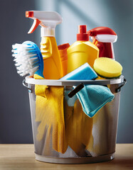 Cleaning Bucket with Supplies in a Kitchen and Bathroom Setting for Home Maintenance