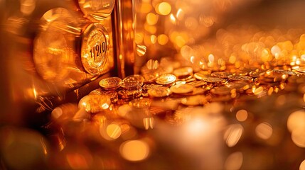 A shimmering pile of golden coins, showcasing wealth and opulence, captured in a warm, inviting light.