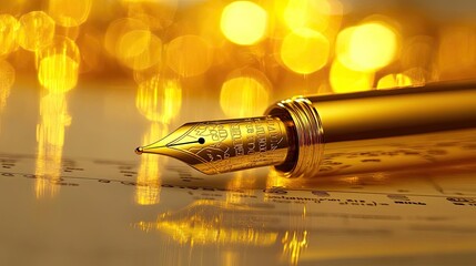 Close-up of a luxurious golden fountain pen poised above elegant paper, capturing the essence of sophistication and creativity.