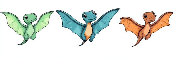 Naklejka premium Set of three cute cartoon pterodactyls in doodle style on a white background