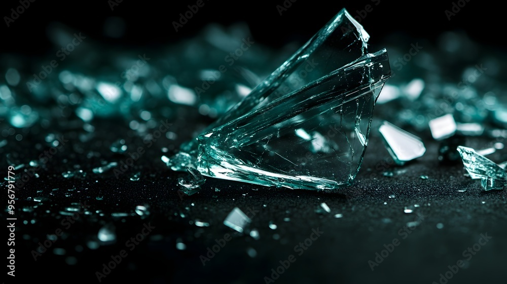 Poster Macro photography capturing the intricate details and sharp edges of shattered glass fragments scattered on a dark moody surface creating a visually striking and abstract composition