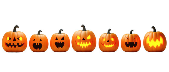 A collection of spooky Halloween pumpkins with various expressions, perfect for festive decorations and seasonal themes.