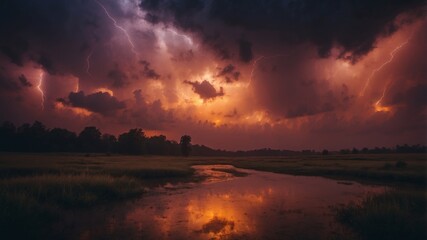 Fototapeta premium Saffron colored stormy night sky with dramatic effects.