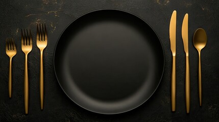 Aesthetic flat lay of gold knives and forks surrounding a black plate on a dark background. The combination of gold and black creates a high-end visual appeal.