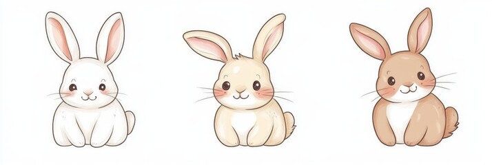 Adorable cartoon rabbits in a doodle style on a white isolated background