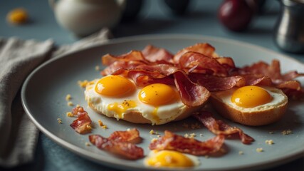 Scrambled eggs and juicy bacon for breakfast.