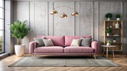 Pink sofa and decor in modern living room on background, pink, sofa, decor, living room, modern, interior design
