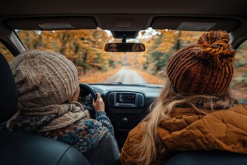 This image captures an autumn road trip with friends driving through a scenic route, surrounded by vibrant fall foliage and enjoying the warm and cozy atmosphere.