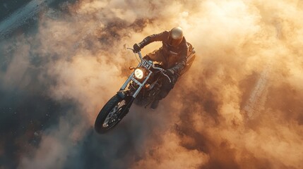 Fototapeta premium Surreal aerial motorcycle on road, motion blur, sunset, chrome parts, fog, smoke, movie lights and lighting, movie posters, top view