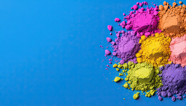 Brightly colored powder pigments on a blue background