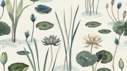 A seamless pattern of vintage botanical drawings of aquatic plants like water lilies and reeds, illustrated in muted blues and greens on a pale background.