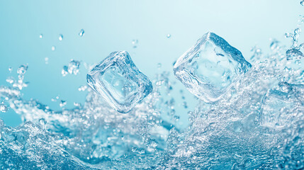 Blue water wave cascade splash and ice crystal cubes. Fresh drink and frozen icy pieces