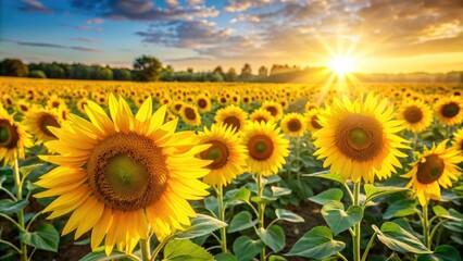 Fototapeta premium Field of bright yellow sunflowers facing the sun, sunflowers, field, bright, yellow, sun, nature, outdoors, agriculture, vibrant