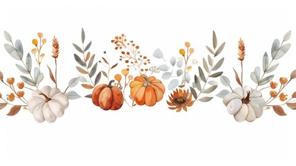 Harvest Time in vintage font, with harvest elements, watercolor illustration, isolated on white background