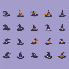 Halloween traditional witch hat with strap in cartoon and flat style isolated on white background. Vector illustration.
