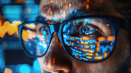 Close-up of a man's face illuminated by colored digital data and code reflections in glasses. Futuristic high tech atmosphere illustrating the theme of technology and innovation. Selective focus.