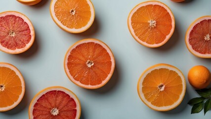 Sliced grapefruit and orange halves on a pastel background.