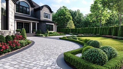 Obraz premium Beautiful 3D rendering of a front yard with a round-shaped driveway, complemented by stone pavers, ornamental plants, and neatly trimmed hedges.