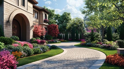 Obraz premium Beautiful 3D-rendered front yard with a round-shaped driveway, surrounded by lush greenery, colorful flowers, and neatly arranged pavers. Perfect for landscape design concepts