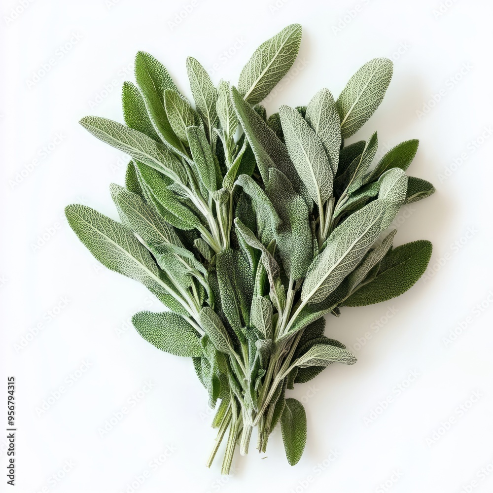 Wall mural Fresh green sage leaves isolated on white background.