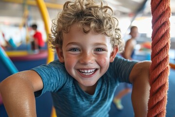 A child actively climbing on play structures in a colorful playground, demonstrating strength, determination, and the joy of engaging in physically stimulating activities.