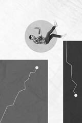 Composite sketch image trend artwork photo collage of monochrome picture young man confused hold laptop fall down crisis loss recession
