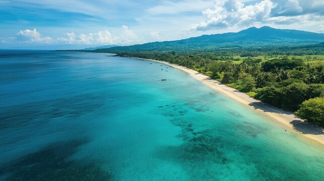 Beautiful aerial view of Santai Beach, Latuhalat, Ambon, Maluku, capturing the vibrant turquoise water and serene sandy shores, perfect for vacation imagery.