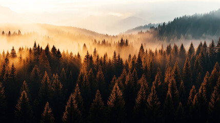 Scenic view of a dense coniferous forest blanketed in morning fog with sun rays illuminating the treetops, set against a backdrop of misty mountains.