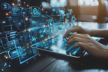 Businessman uses digital tablets with holograms about the future of business growth and technology.