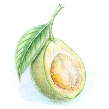 A detailed pencil drawing of a halved babaco fruit. revealing its inner seed and a single leaf.