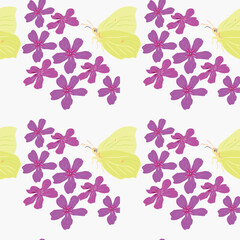 Vector illustration with yellow butterflies and pink flowers