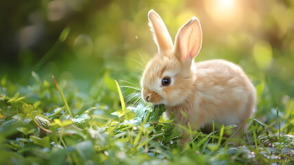 Fototapeta premium Charming baby bunny nibbling on a leaf in a forest glade
