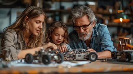 Family bonding over a shared hobby. Three generations working together on a model car in a rustic workshop, creating cherished memories.