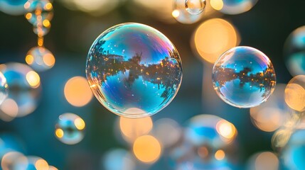 Closeup of a Bubble Machine Reflecting Colorful Lights in a Captivating Ethereal Display  The image showcases a bubble machine creating iridescent