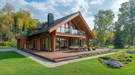 Beautiful wooden loft-style house with a spacious outdoor terrace and a sauna, surrounded by natural beauty. Perfect for luxury home and lifestyle themes. -