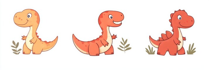 Fototapeta premium Charming red cartoon dinosaurs in doodle style on a white isolated background