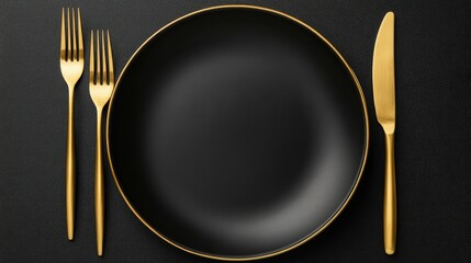 Beautifully arranged gold knives and forks next to an empty black plate on a black background. The luxurious contrast highlights a modern dining experience.