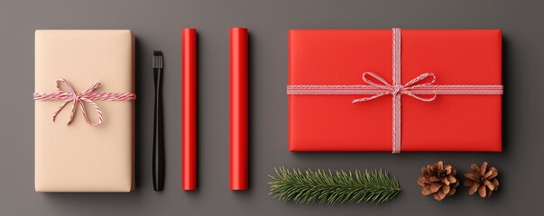 Colorful holiday gift wrapping supplies arranged neatly with pine and pinecones for a festive touch.