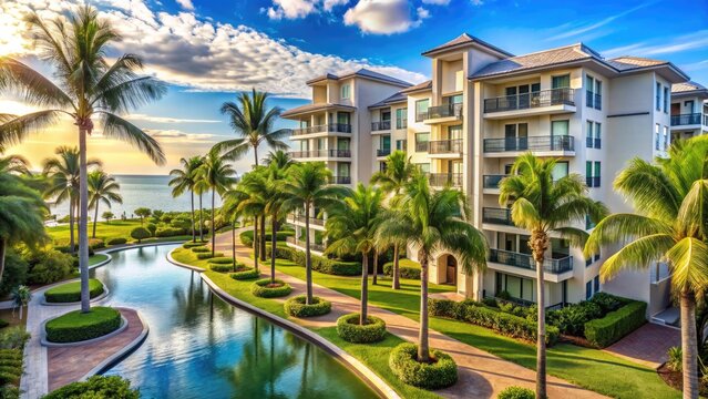 è¿™é‡Œ is a serene and luxurious apartment complex in Florida, surrounded by palm trees, featuring modern amenities and tranquil ocean views.