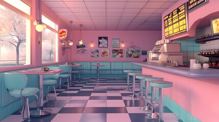 Fototapeta premium A 3D-rendered retro diner with pastel colors and classic comfort food on display