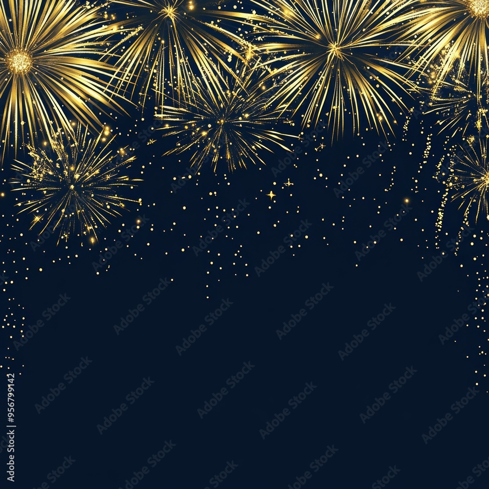 Wall mural Golden fireworks exploding in the night sky with copy space.