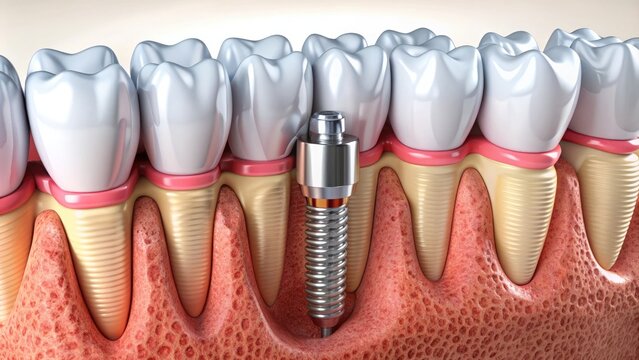 A 3D illustration of a dental implant procedure, showcasing a complete restoration from root to crown, highlighting the implant post, abutment, and natural-looking tooth.