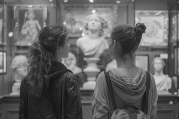 Fototapeta premium Two friends at a museum, concept of culture, macro photography, clean and realistic.