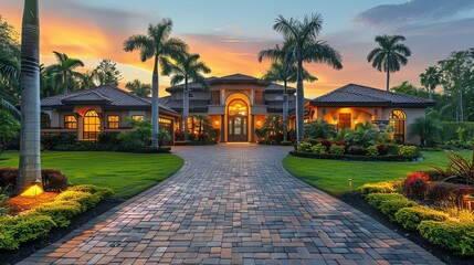 Obraz premium Luxurious tropical mansion with a beautiful garden and palm trees at sunset, featuring a long brick driveway and warm outdoor lighting.