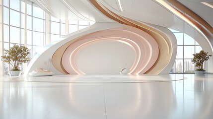 Stadium interior with a halflit dome, gradient light from pink to blue, architectural elegance emphasized