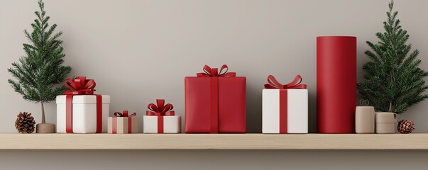 Festive arrangement of red and white gift boxes with bows alongside evergreen trees on a wooden shelf.